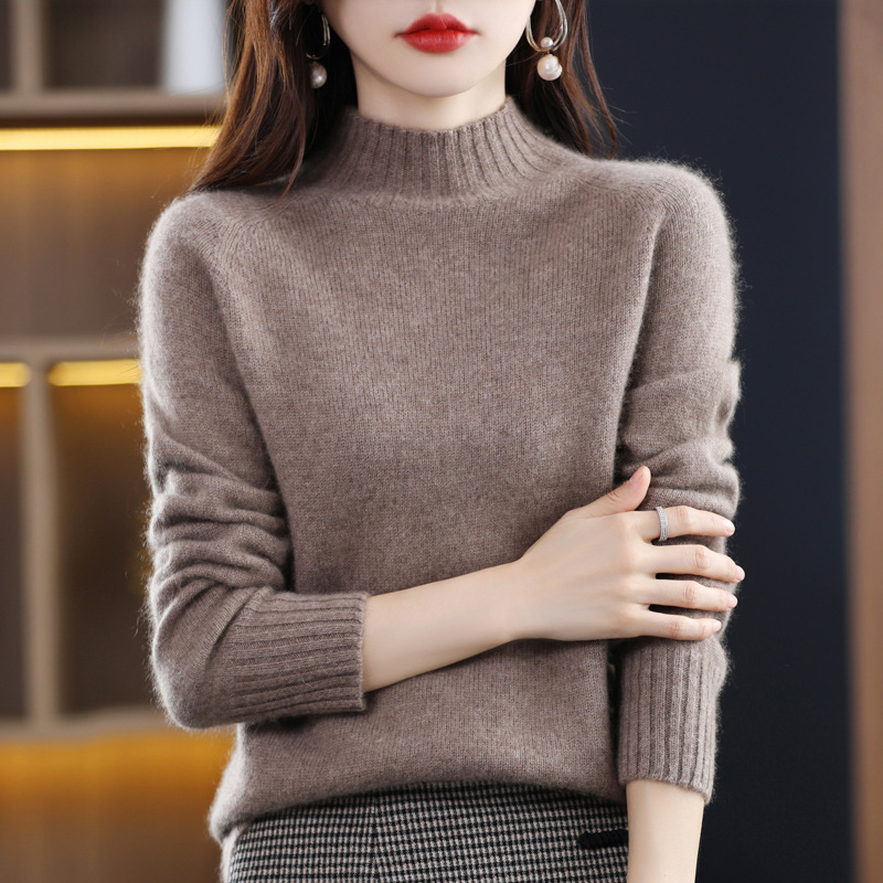 High-end thickened sweater women's autumn and winter New half turtleneck 100 pure wool sweater loose pullover bottoming sweater
