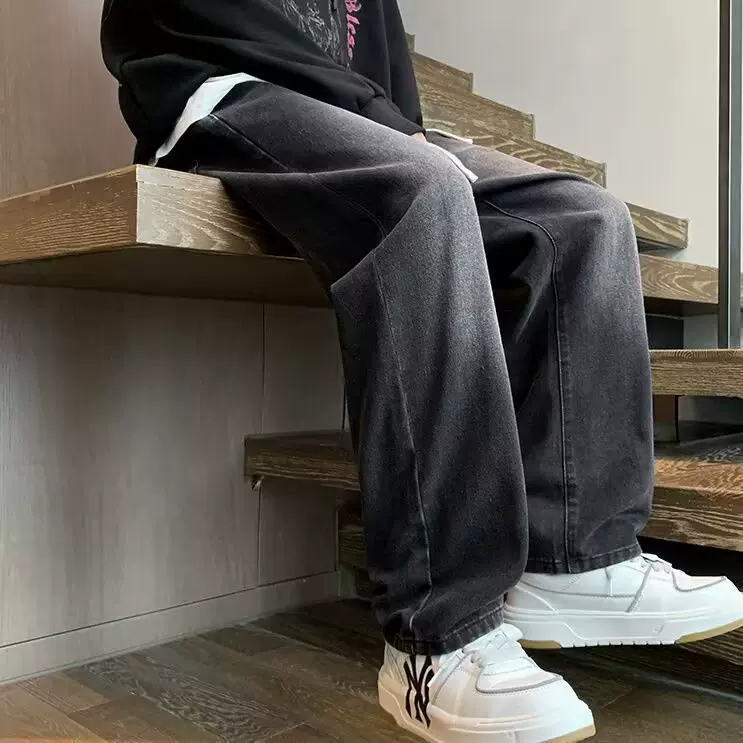 女牛仔裤美式街头水洗做旧松紧抽绳微喇春秋直筒宽松欧美高街vibe