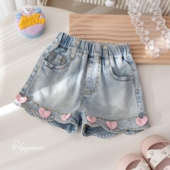 Girls denim shorts Korean style trendy three-dimensional love hot pants baby girls fashionable versatile lace summer casual pants