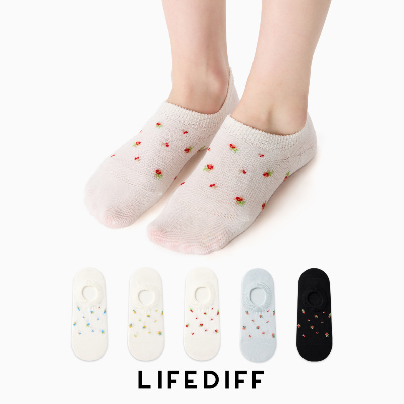 Non-Slip, No-Show Summer White Boat Socks for Women, Seamless, Shallow Cut, Thin Mesh, Breathable, Small Floral Pattern 26220