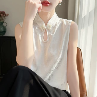 新中式国风立领无袖盘扣背心女夏新款缎面提花唯美旗袍改良上衣