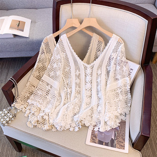 Actual Shot of 2025 Spring and Summer Cut Out Large Size Heavy Crochet Bell Sleeve Sun Protection Blouse Knitted V Neck Versatile Top