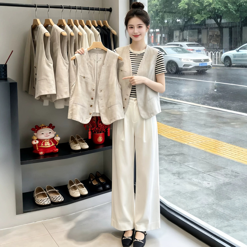 Elegant Linen V-Neck Vest Jacket for Women, New Summer Style, Layered Outerwear, Single-Breasted Sleeveless Top A4610