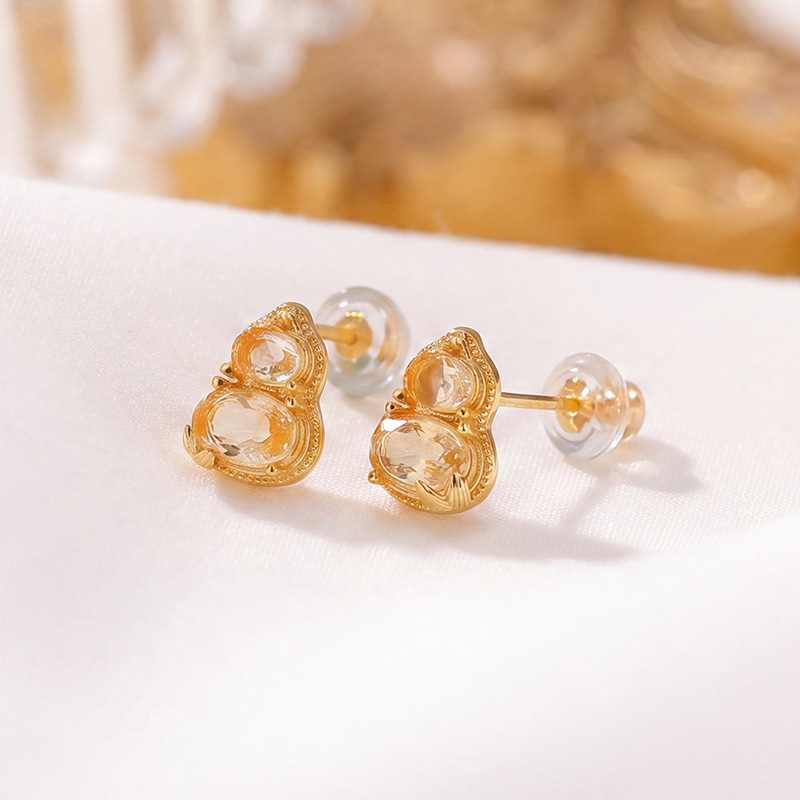 Khuyên tai nữ bạc S925 đính đá pha lê vàng hình hồ lô phong thủy — Cặp đôi
