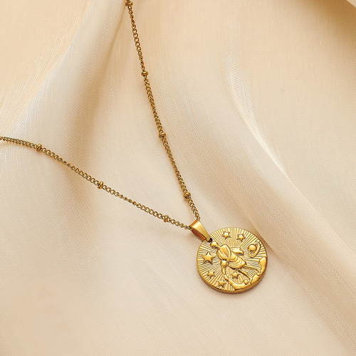 Stainless Steel Gold-Plated Round 12 Zodiac Sign Coin Embossed Necklace: Lightweight, Niche Design, Minimalist, and Versatile Clavicle Chain
