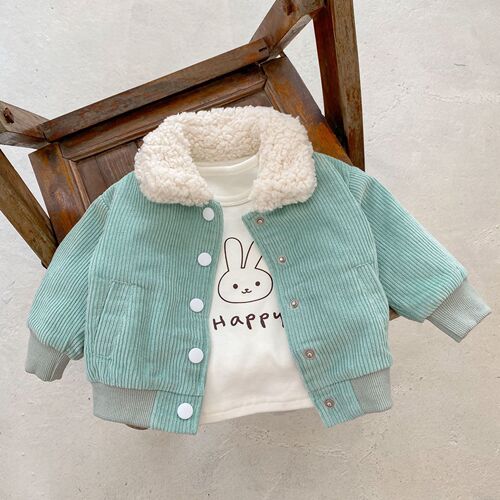  Autumn and Winter Versatile Infants and Girls Baby Corduroy Plush Lapel Cardigan Long Sleeve Top Jacket
