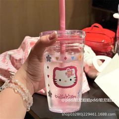 kt ハローキティ ストローカップ 女の子用 かわいい 高価値 ウォーターカップ ポータブル透明プラスチックカップ 学生 シンプル タンブラー