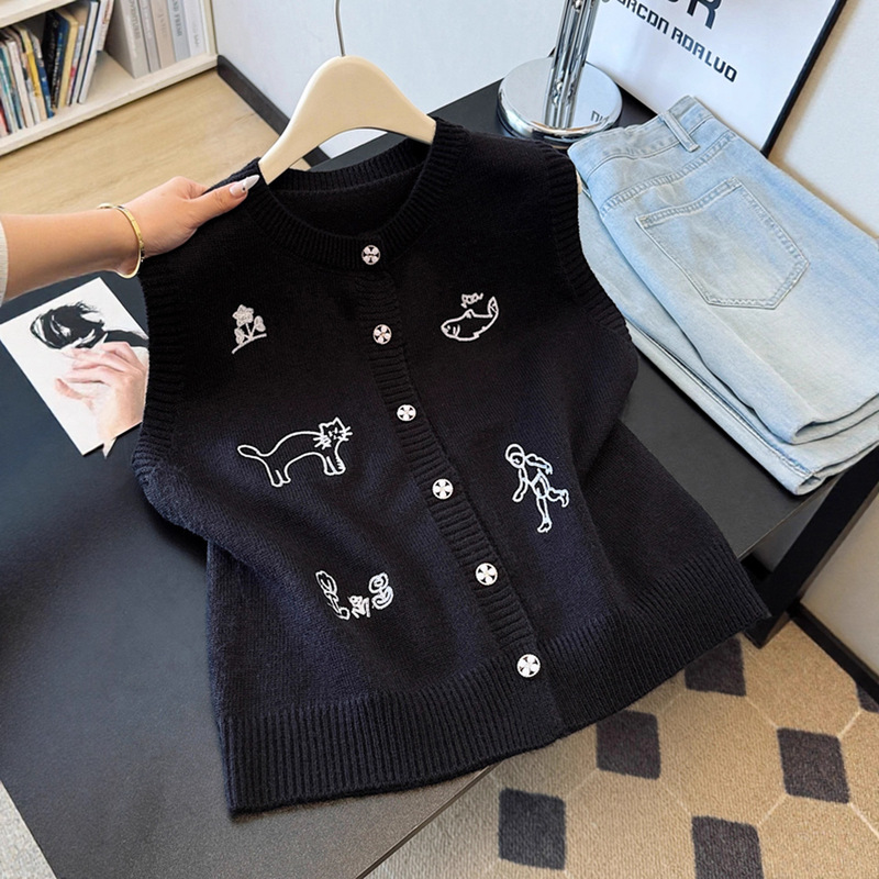 Tweed Style Embroidered Sleeveless Vest Knitted Cardigan for Women Spring & Fall Slightly Fat Vest to Cover Belly Versatile Vest Top