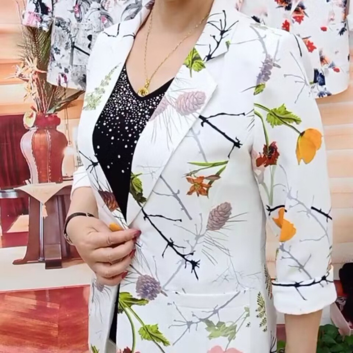 Chaqueta de Traje Casual Estampada para Mujer de Poliéster, Manga 3/4, para Primavera y Verano