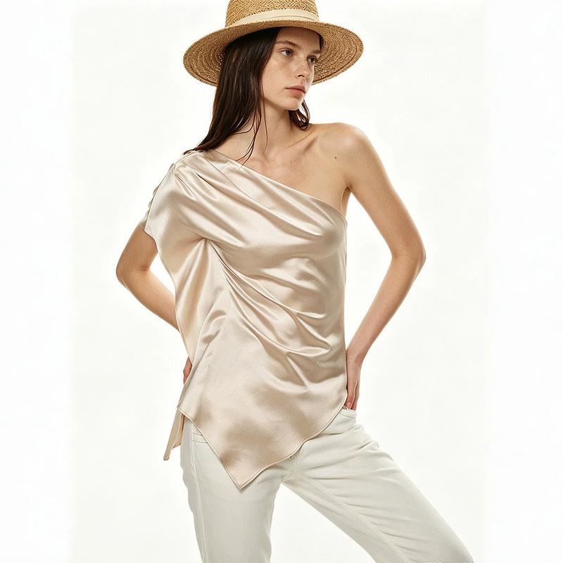 Prrp Simple and Elegant Satin Gold Champagne Asymmetrical One-Shoulder Waist-Cinching Slim-Fit Top T-Shirt for Summer