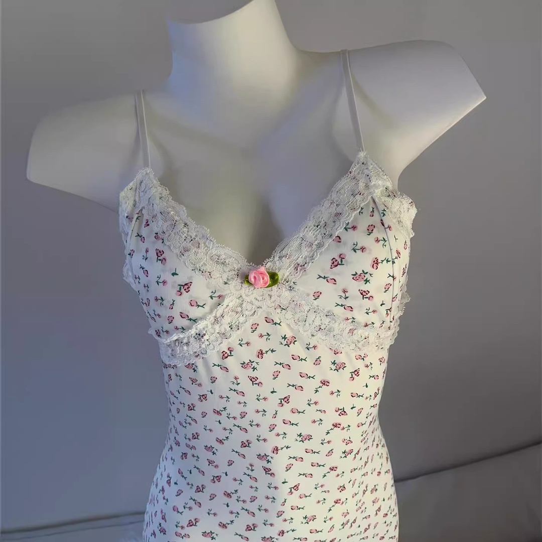 Women’s Floral Sling V-Neck Pajama Dress with Chest Pad and Elastic Waist — detail image 4