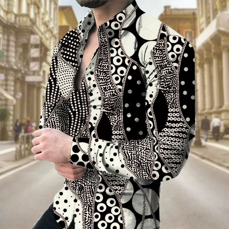 跨境2024春季新款男士3D数码印花休闲蛇纹长袖翻领衬衫外贸男装