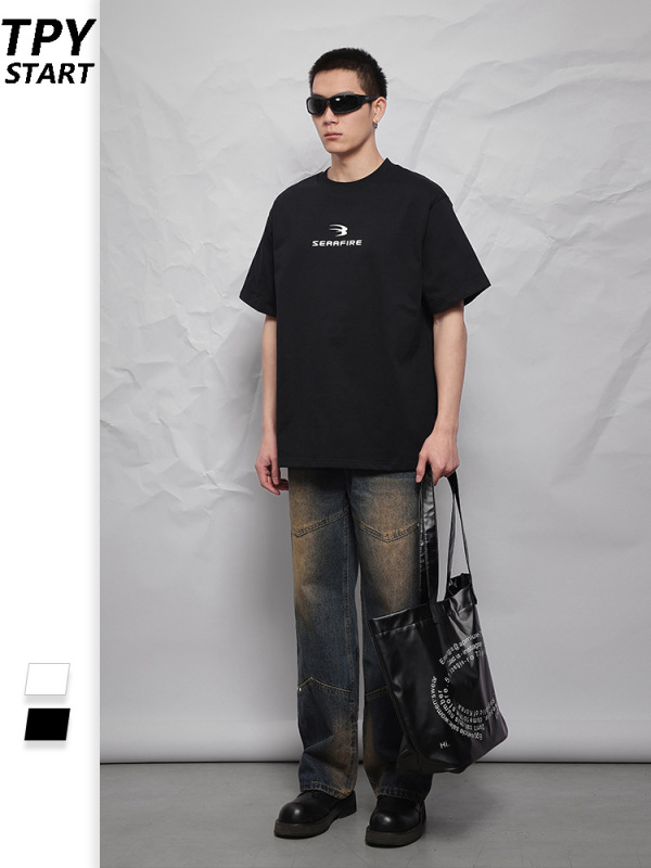Qiaoshan 280G レトロレタープリント Tシャツメンズ夏イントレンドブランドストリートカップルルーズ半袖トップス|undefined