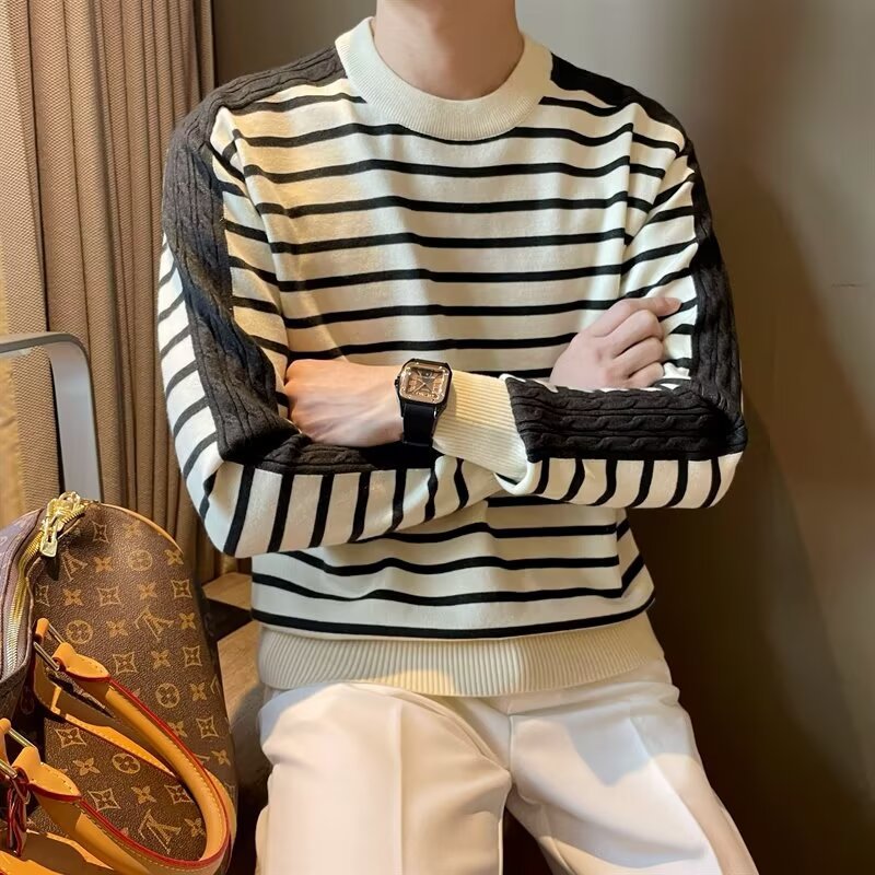 Color contrastante diseño de manguita de costura estriada camiseta de punto de moda masculina retro cuello redondo hoodie versión suelta de hombro caída camiseta de lana