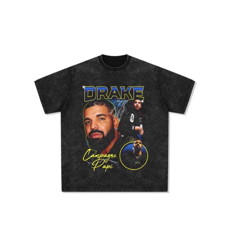 Drake hip hop rap americano estilo callejero estampado retro hace viejo lavado pesado suelto manga corta