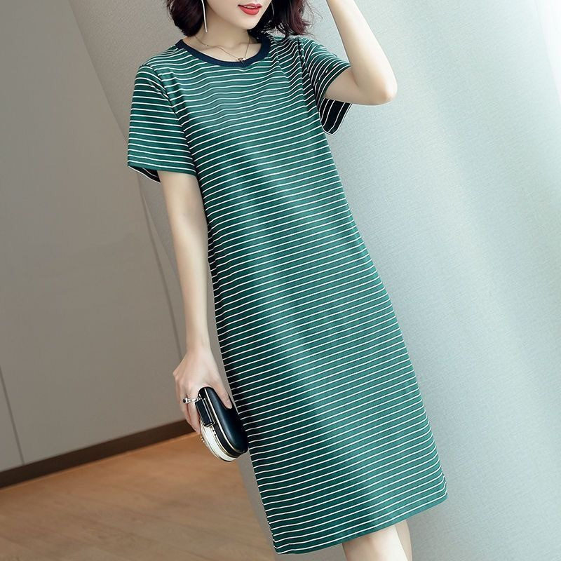 Cross-Border Plus-Size Dress, Mid-Length, 2026 New Summer Style, Loose Round Neck, Slimming Striped T-Shirt Dress Cross-Border Plus-Size Dress, Mid-Length, 2026 New Summer Style, Loose Round Neck, Slimming Striped T-Shirt Dress