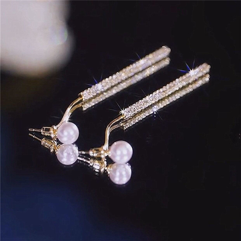 Alto grado completo diamante borla pendientes de las mujeres luz lujo cara adelgazar exquisitos pendientes de perlas aguja de plata diseño pendientes simples