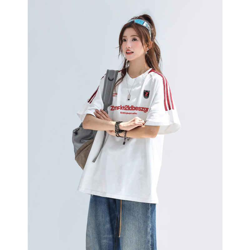 American Retro Three-Stripe Webbing Short-Sleeved T-Shirt for Women and Men Summer Heavy Loose Preppy Style Sports Top New Style