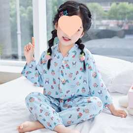 夏季棉绸套装儿童睡衣女孩男童七分袖家居服中大童女童薄款空调服