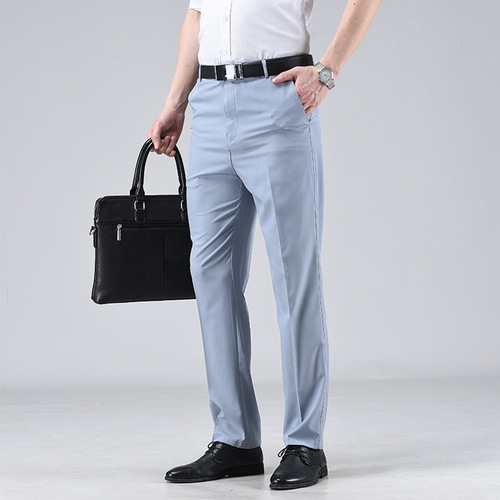 Summer thin men's ice silk trousers for middle-aged and elderly men, high-waisted loose business casual formal suit pants, wrinkle-resistant trousers