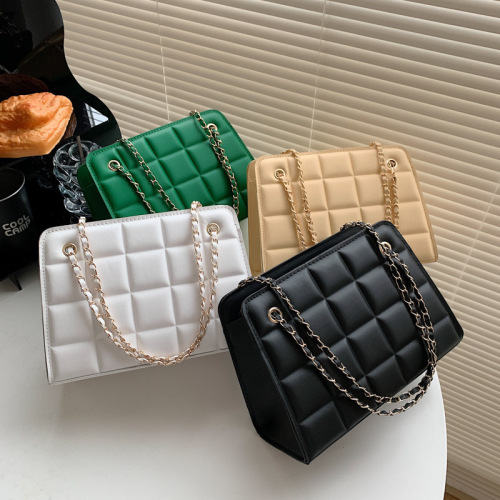 Square grid embossed chain bag, trendy casual single shoulder crossbody bag, stylish minimalist retro small square bag