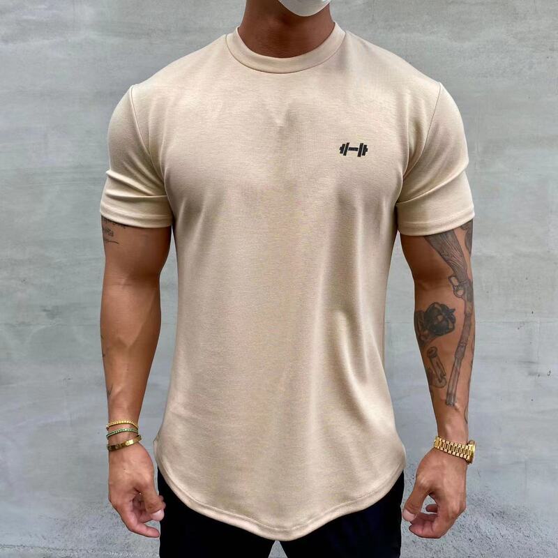 Cross-Border 100% Cotton Muscle American Slim Fit Round Hem Short-Sleeved Summer Pure Color Training Sports T-Shirt No Ironing