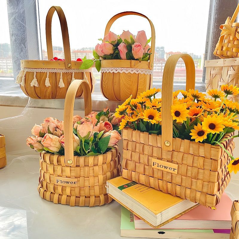 复古欧式田园木编插花花篮-创意家居必备手工编织花束同理月子篮