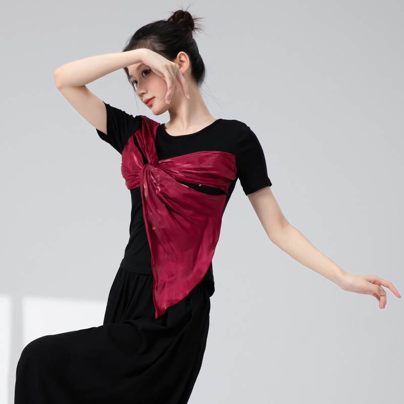 古典舞蹈服女新款短袖交叉扭花中国风练功服飘逸现代舞演出服上衣|undefined