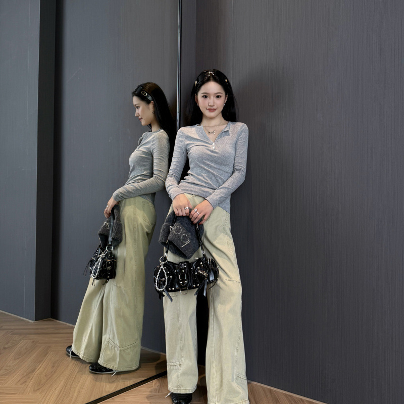 实拍#绿色v领长袖T恤女2025新款高级感修身内搭打底衫正肩半|undefined