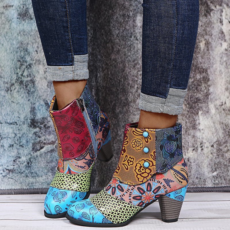 Bottes courtes ShoeVault Cross-Border grandes tailles pour femmes, collection hiver 2021, style ethnique patchwork, bottines Martin à boutons et talons épais._voghion.com