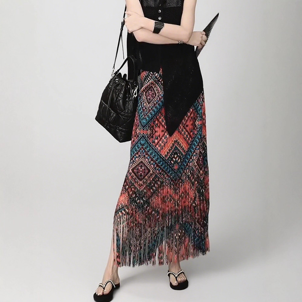 Ethnic Style Printed Tassel Skirt Women's Long Early Autumn Elastic Waist Slimming Fashionable Miyake Half-Length Skirt