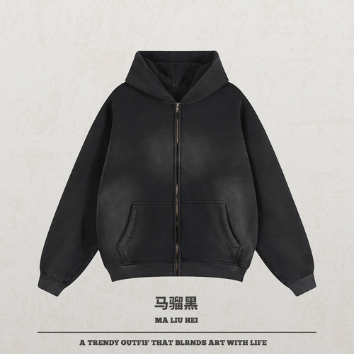 Boxy Short Wide Monkey Fleece Zip-up Hooded Sweatshirt for Men 350G Autumn/Winter Thick Casual Tied-in Waist Hoodie Wholesale