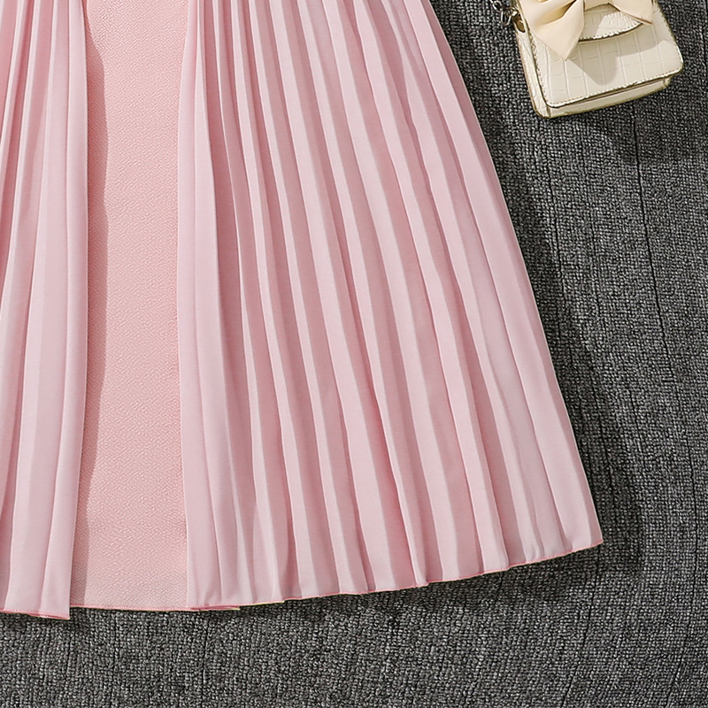 Girls' Elegant Pleated Patchwork Dress With Waist Support Stand Collar Style Summer New Popular Dress For Young Girls 8-16 Years_voghion.com