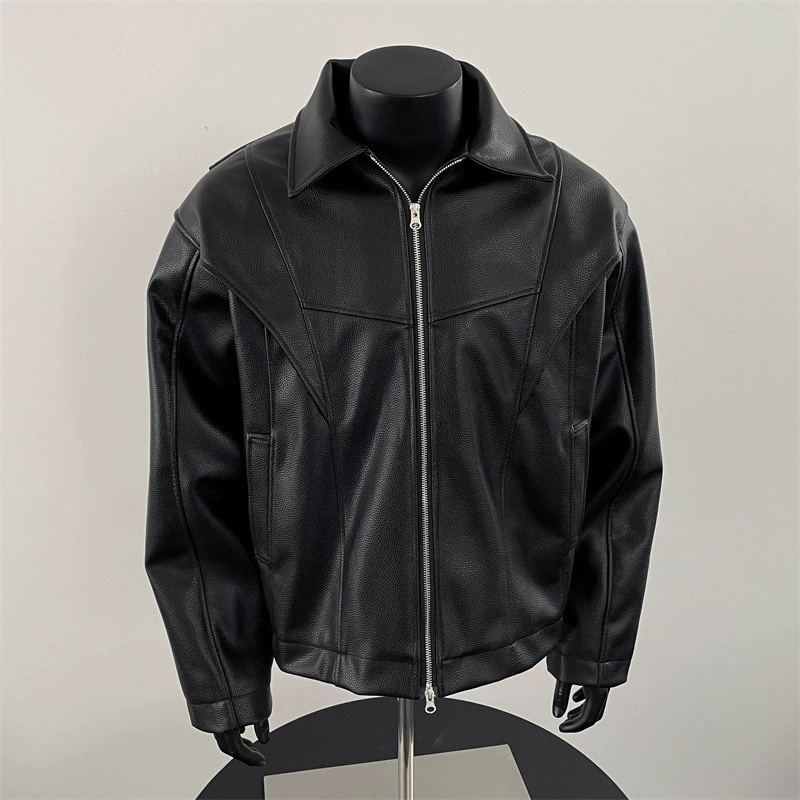 Black short demi-season polyurethane jacket, American style, high-quality style