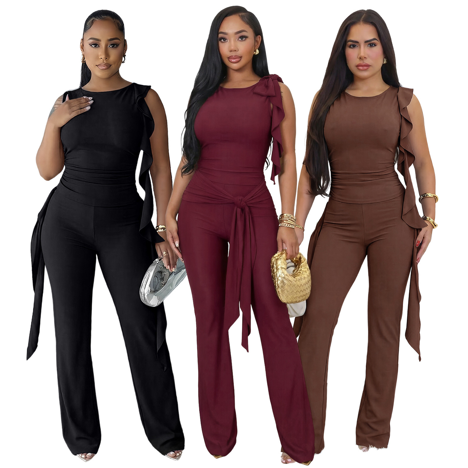 Women's Clothing Women's Solid Color Ruffled Slim Fit Flared Pants Set Fashionable Casual Two Piece Tie Up For Formal & Casual_voghion.com