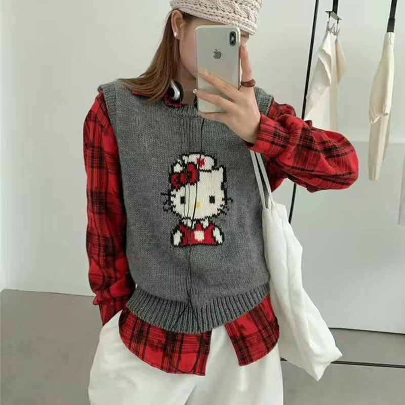 Hello Kitty Sweet Knitted Vest Women's Outer Wear Autumn and Winter New Loose Imitation Wool Sleeveless Vest Sweater Hello Kitty Sweet Knitted Vest Women's Outer Wear Autumn and Winter New Loose Imitation Wool Sleeveless Vest Sweater