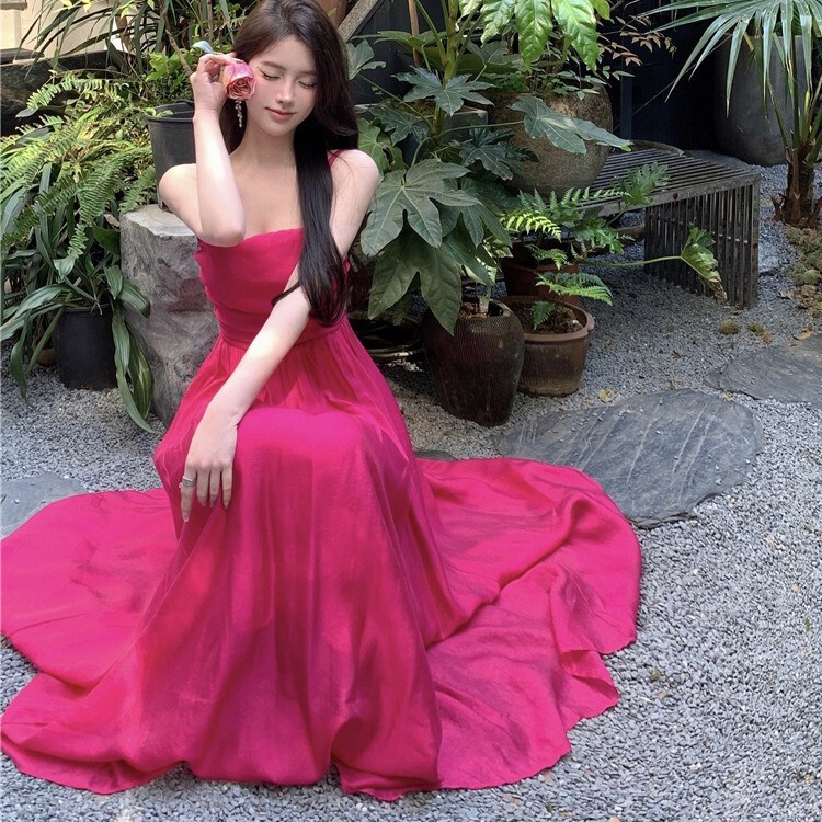 Holiday style dress spring and summer berry red holiday pleated sleeveless atmosphere elegant elegant waist-tight suspender dress