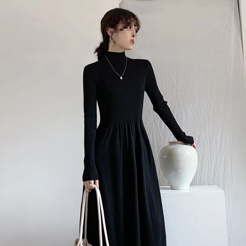 Hepburn-Style Knitted Maternity Nursing Dress, Spring and Winter Little Black Dress, Half-High Collar Postpartum Nursing Sweater