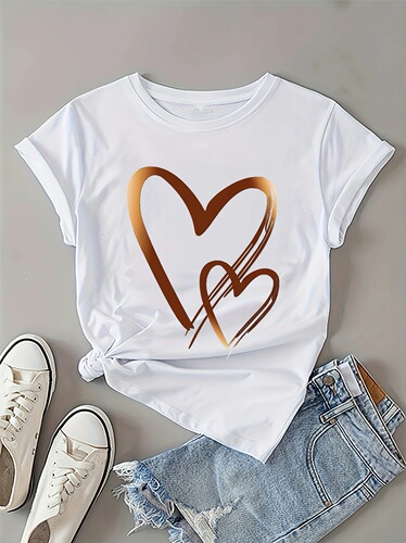 Women's Casual Red T-Shirt with Gold Heart Print - Soft Polyester