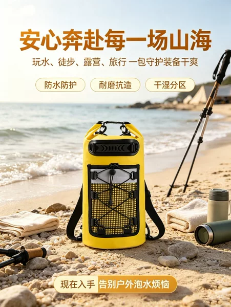 Cross-border outdoor hiking backpack for camping and travel, with dry and wet separation, large capacity, suitable for river trekking and beach rafting, waterproof bag