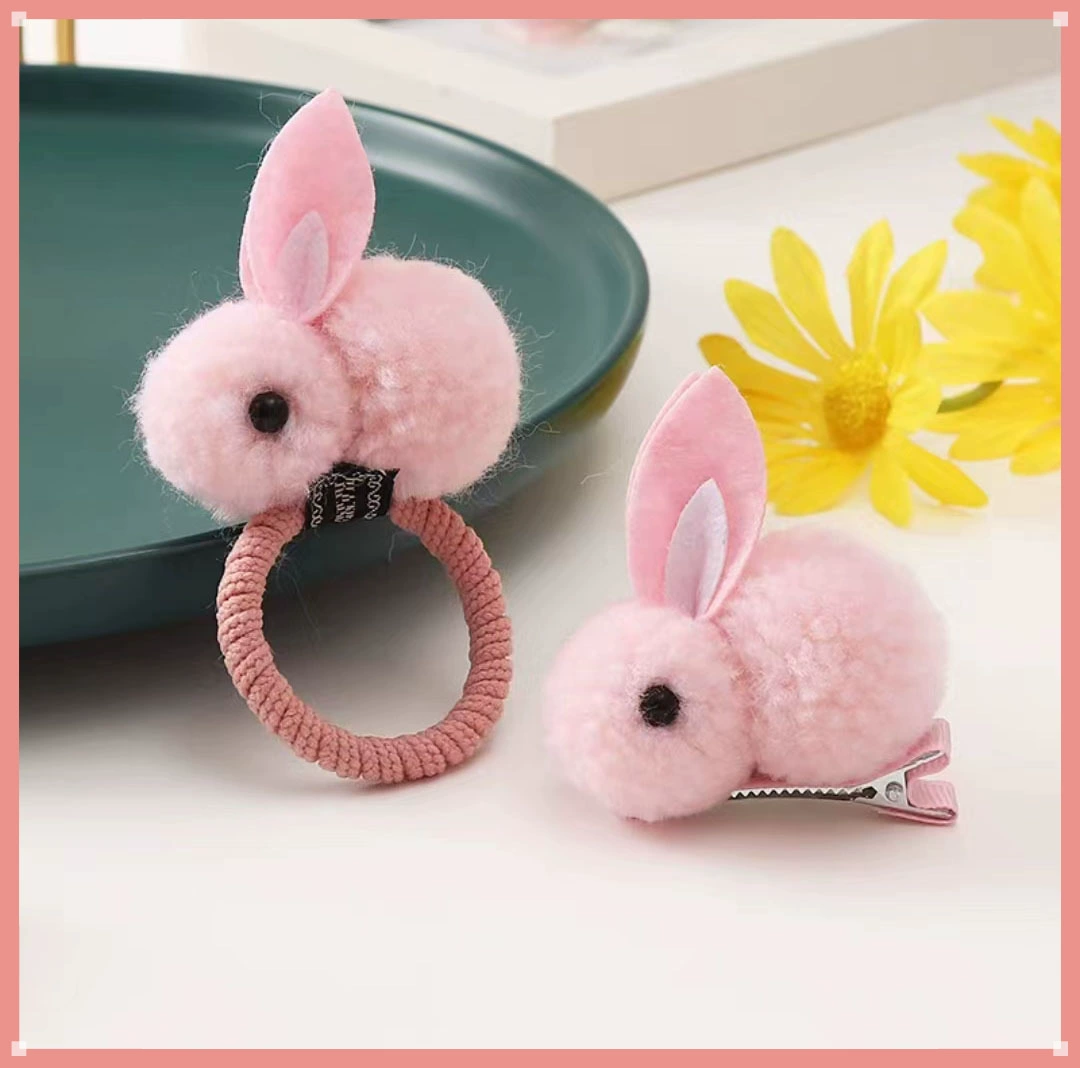 Demi-season cute plush three dimensional rabbit, cartoon hairgrip, children's hair rope, wholesale
