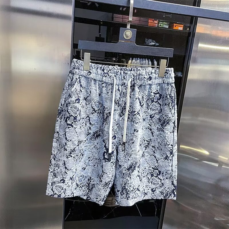 Spring and Summer new design floral Denim shorts men's fashionable all-match loose blue and white porcelain cropped pants casual pants
