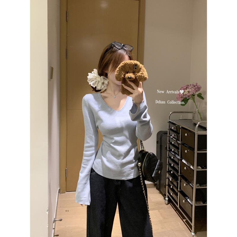气质V领锁骨喇叭袖针织长袖t恤女秋季辣妹修身纯色打底衫内搭上衣|undefined