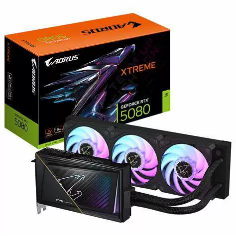 Карта AORUS GeForce RTX™ 5080 XTREME WATERFORCE 16G — водяное охлаждение, игровая видеокарта с эффектной водяной системой