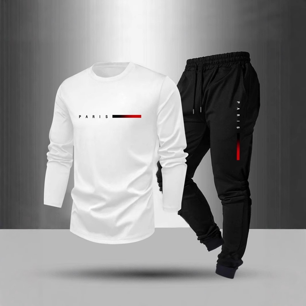 Spring and Autumn New Fleece Fashion Trend Long-Sleeve Long Pants T-Shirt Set Amazon European and American Full Print