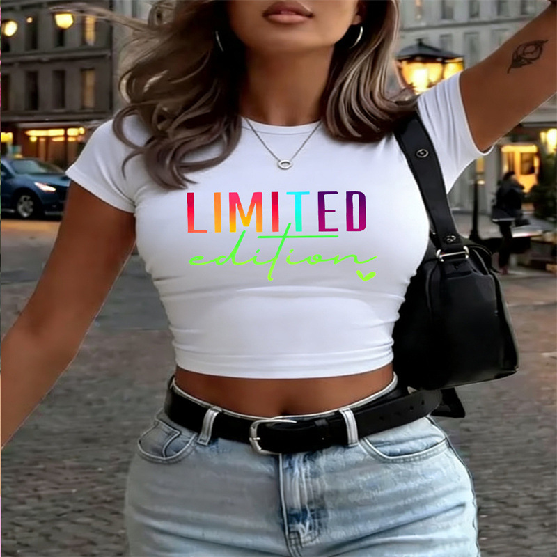 Summer New Style Women's Slim Fit T-Shirt Fresh Cute Print European American Cross Border Spot Goods Sexy Short Top_ecoleips.com
