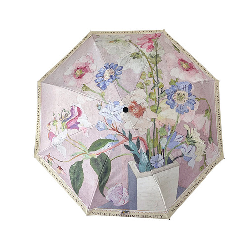 Retro Oil Painting Three-Fold Automatic Black Vinyl Sunshade Umbrella for Sun Protection and UV Protection, Five-Fold Umbrella Customization
