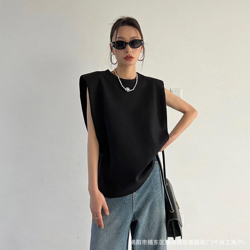 Cross-Border Summer Style Right-Angle Shoulder Pad Sleeveless T-Shirt for Women, Unique Loose Casual White Vest Top