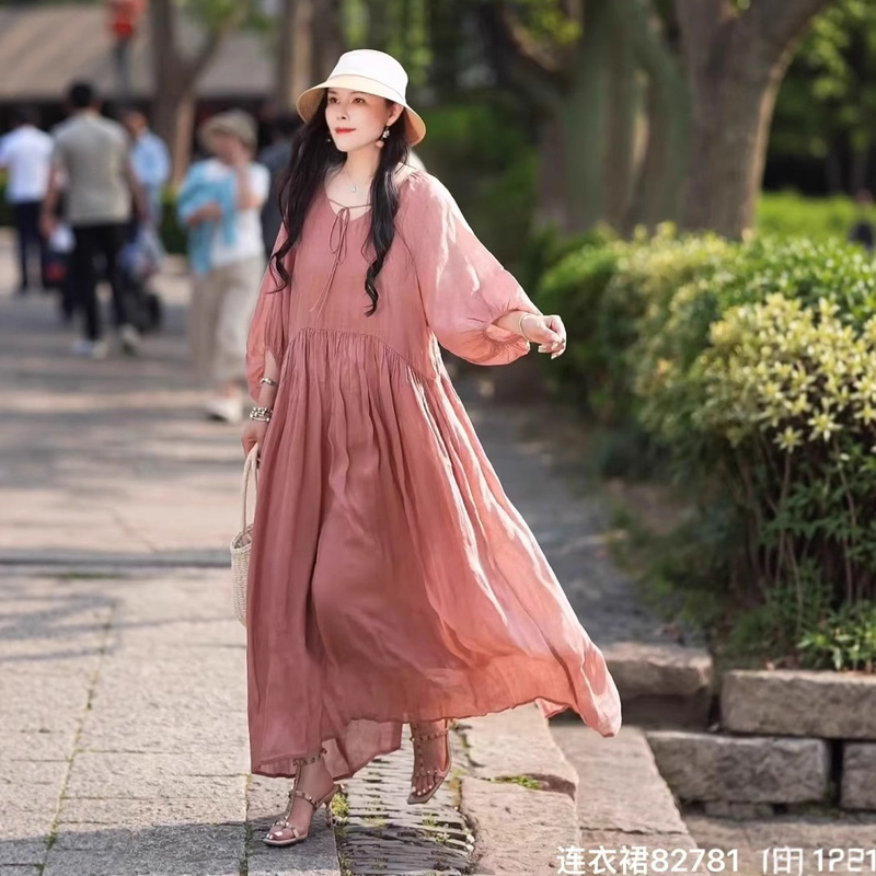 Pure Ramie Dress 2025 New Summer Style Large V Neck Lace-Up Double-Layer Water Drop Sleeve Long Skirt for Women 82781