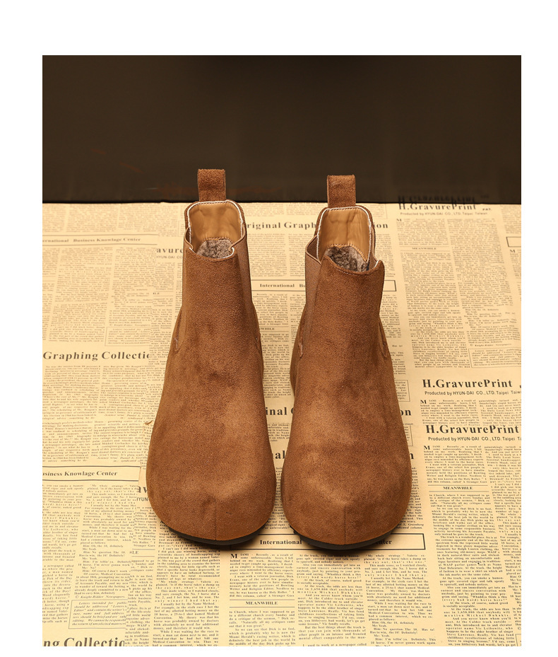 Boot Chelsea nữ cổ thun đế dày tăng chiều cao lót lông cừu mùa thu đông — Màu nâu chi tiết 15